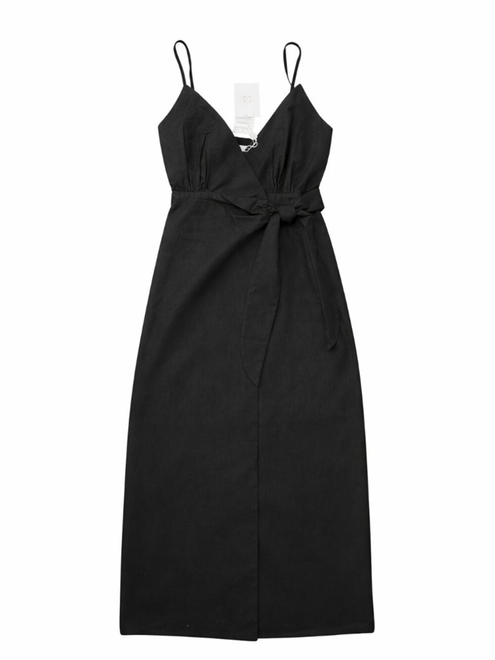 WAYF Black Wrap Midi Dress XS Spaghetti Strap Tie Waist Below Knee NWT - Picture 2 of 5